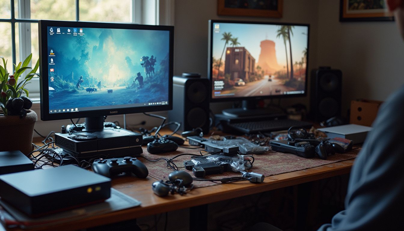 A messy gaming desk is surrounded by consoles, controllers, and screens displaying various video games with a casually dressed person nearby. Gaming setup with dual monitors, gaming controllers, and speakers in a cozy room for optimal gaming performance and immersive experience.