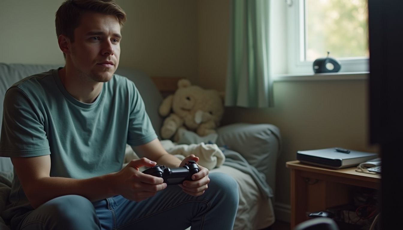 A young man casually plays a video game indoors, immersed in the moment amidst a lived-in space. Fast-paced young man playing video games on a console in a cozy bedroom setting with natural light.