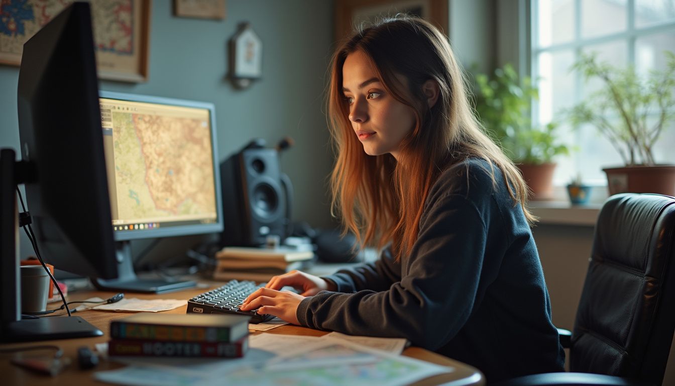A woman in her late twenties sits at a messy desk, focused on her computer, surrounded by adventure game materials. Young woman working on computer with a map on the screen, in a cozy home office environment, surrounded by plants and books, focused on her digital tasks.
