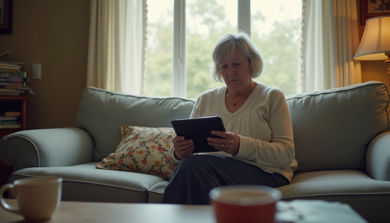 A woman in her 50s enjoys a puzzle game on her tablet in a cozy, cluttered living room. Old woman sitting on a beige sofa, using a tablet in a cozy living room with warm lighting and large window, emphasizing relaxed home tech use and digital connectivity.