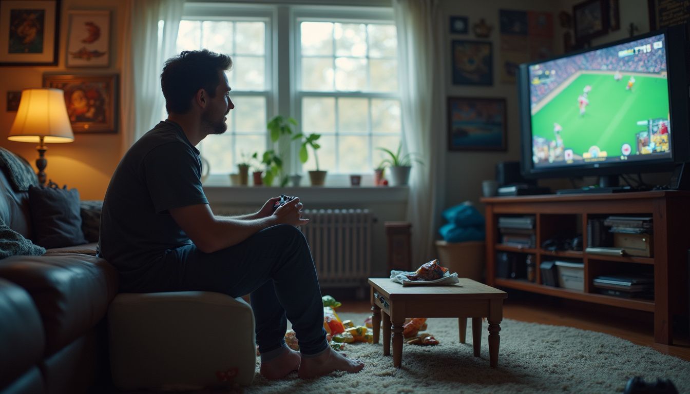A relaxed guy in his 30s enjoys gaming in a cluttered, lived-in living room filled with snacks and controllers. Relaxed young man playing video game on console in cozy living room with natural light, wall art, and plants, enjoying casual gaming session, gaming setup, home entertainment, and chill atmosphere.