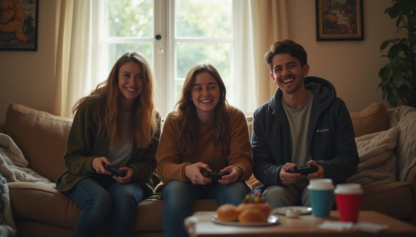 A group of friends enjoys a casual gaming night in a cozy, lived-in living room. Cheerful friends playing video games together on couch, indoor gaming session, casual hangout, entertainment, fun with controllers, social gaming, cozy home environment, lifestyle gaming, young adults enjoying game night, GeekExtreme theme.