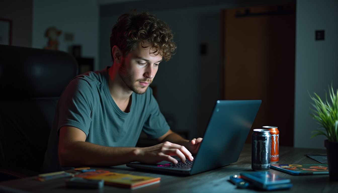 A tired man in his 30s works late at a messy desk filled with energy drink cans and game guides. Gaming laptop with RGB backlit keyboard in a dimly lit room, young man gaming or working, technology setup, gaming accessories, energy drinks, gaming culture, geekExtreme, modern electronics, intense focus, screen gaming setup.