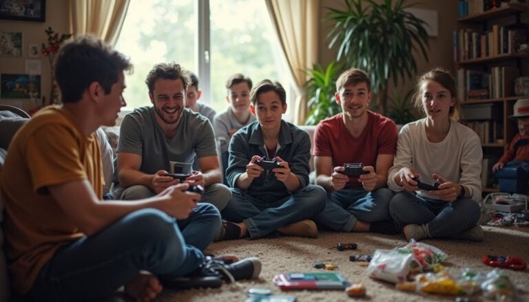 Cheering group of friends playing video games together in a cozy living room.