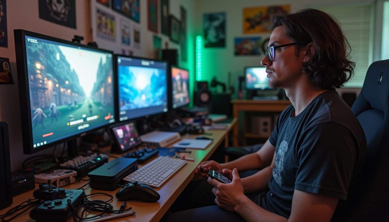 A casual gaming room filled with scattered consoles, mismatched screens, and posters, capturing a lived-in, relaxed atmosphere. Enhanced gaming setup with multiple monitors and gaming accessories for immersive gameplay and streaming.
