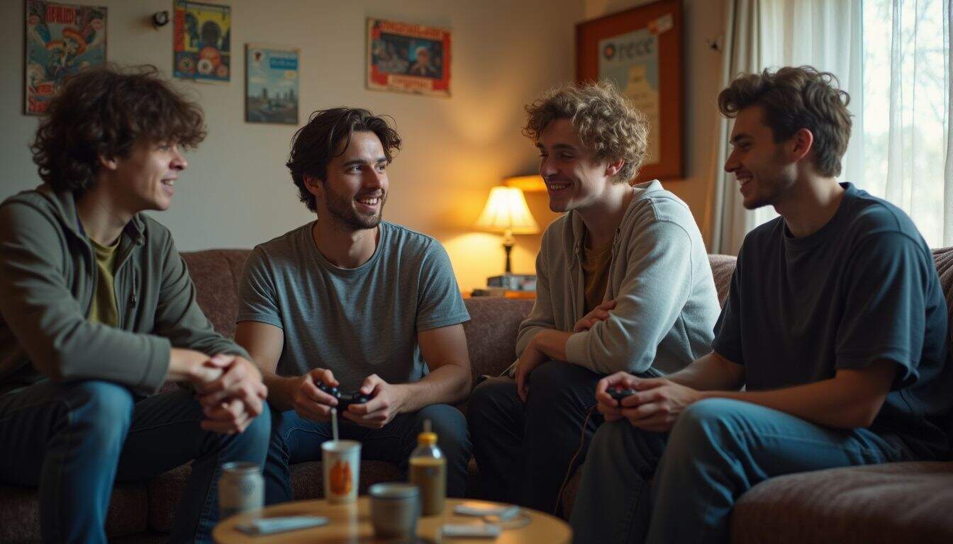 A group of friends enjoys a casual hangout in a cluttered living room, laughing and playing video games. Young men playing video games together in a cozy living room.