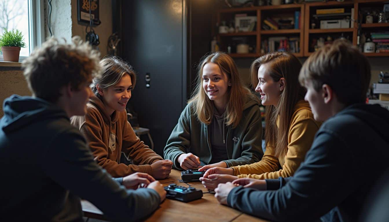 A group of teenagers casually hangs out in a cluttered basement discussing esports and Twitch streamers. Young adults playing a tabletop game together in a cozy room with bookshelves, enjoying friends and gaming in a relaxed atmosphere.