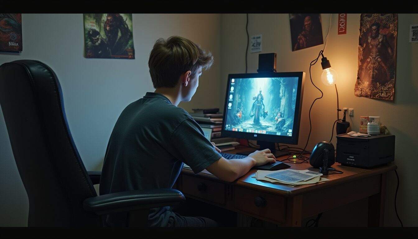 A teenage boy with an average build is engrossed in a fantasy game at his cluttered desk. Young person playing fantasy video game on desktop computer in dimly lit room with gaming posters; focus on gaming setup and immersive gaming experience.