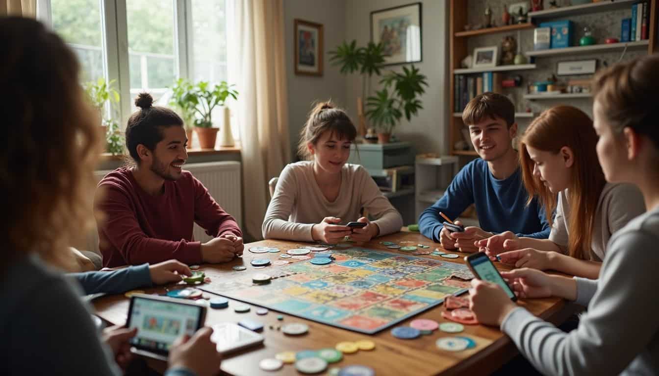A diverse group of people enjoys a casual game day in a cozy, cluttered living room. Fun family playing board game together in cozy living room with natural light, celebrating quality time, engaging in social gaming, and creating joyful memories with friends and loved ones.