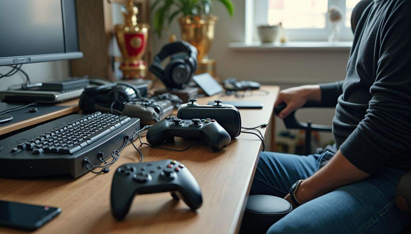 A candid shot of a lived-in gaming desk with controllers, a VR headset, smartphones, and worn esports trophies. Gaming setup with controllers, gaming accessories, and PC on desk for optimal gaming experience, gaming gear, and streaming.