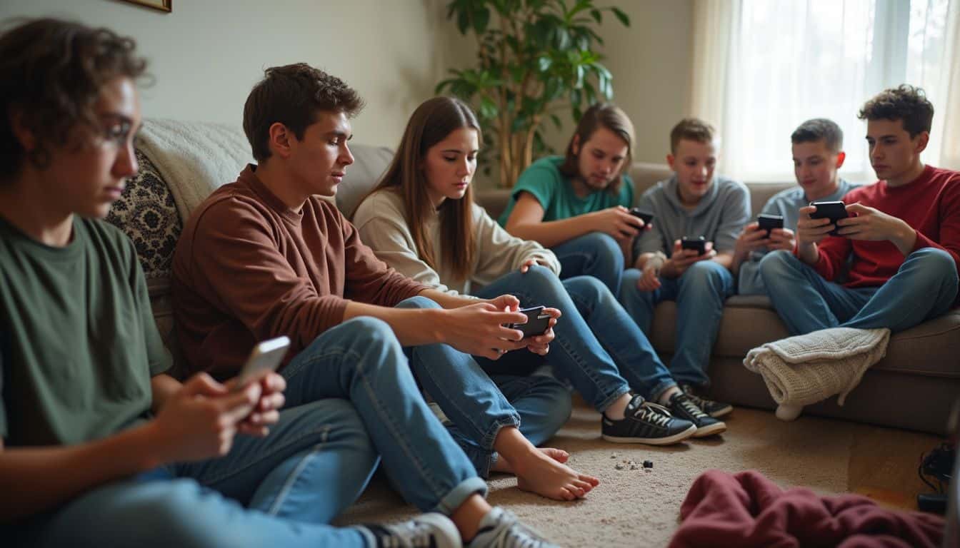 A group of teens casually hanging out in a messy living room, chatting and gaming together. Young people sitting on a sofa playing with smartphones, engaging with digital devices, casual indoor setting, modern tech use, social media or gaming.