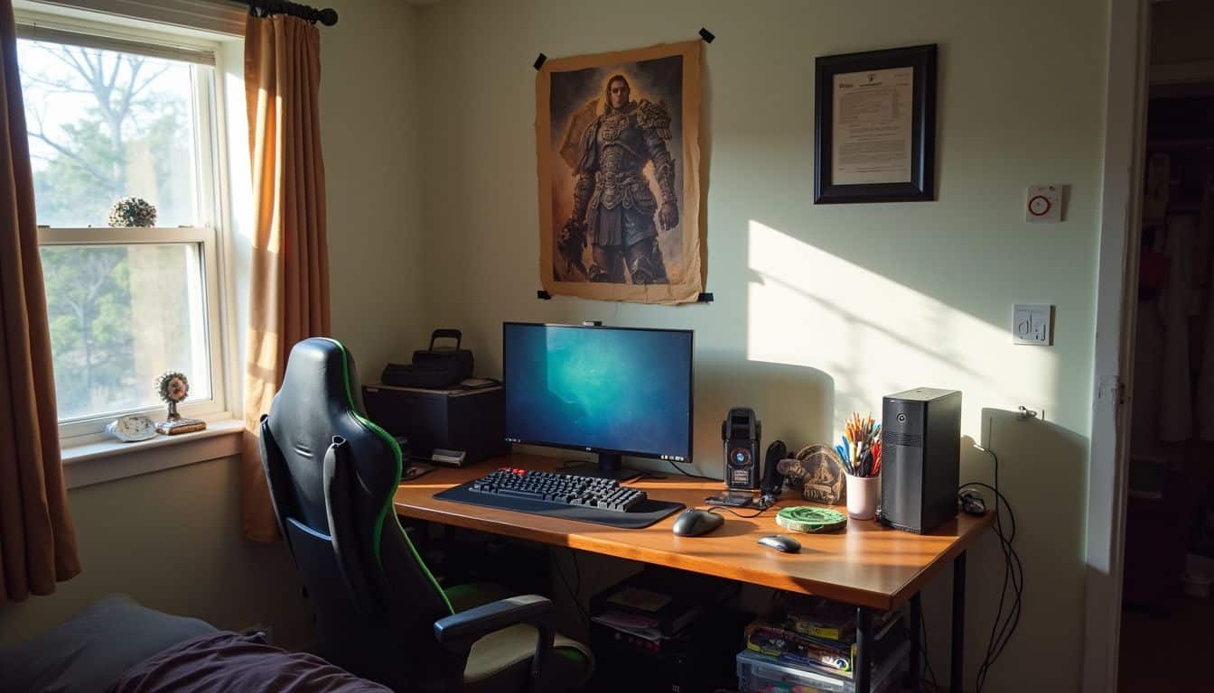 A lived-in bedroom features a cluttered computer desk with gaming gear and a fantasy game poster on the wall. Cluttered home office desk with gaming chair, computer monitor, keyboard, and gaming accessories in a well-lit room.