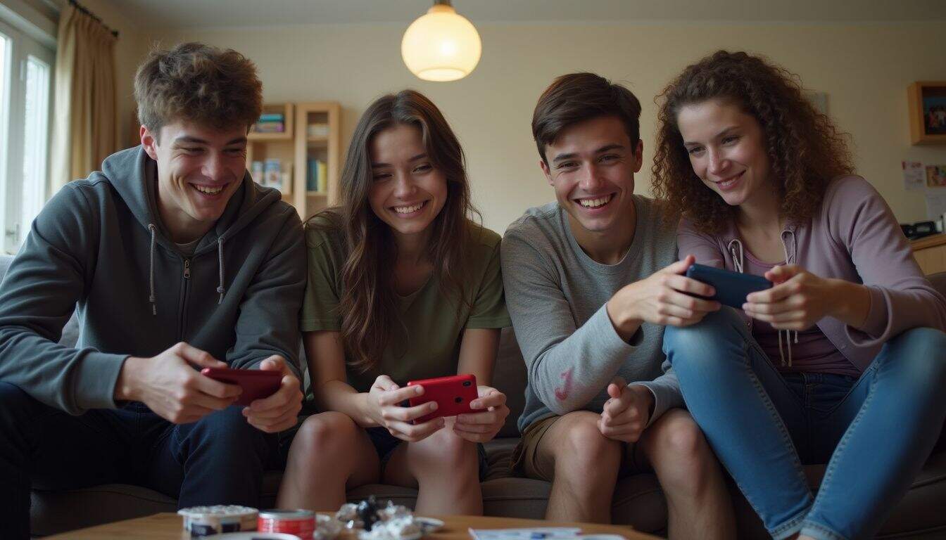 A casual gathering of friends playing an online game together in a relaxed, lived-in living room. Young friends playing mobile games together in a cozy living room, enjoying gaming on smartphones, emphasizing social gaming, fun, and modern technology.