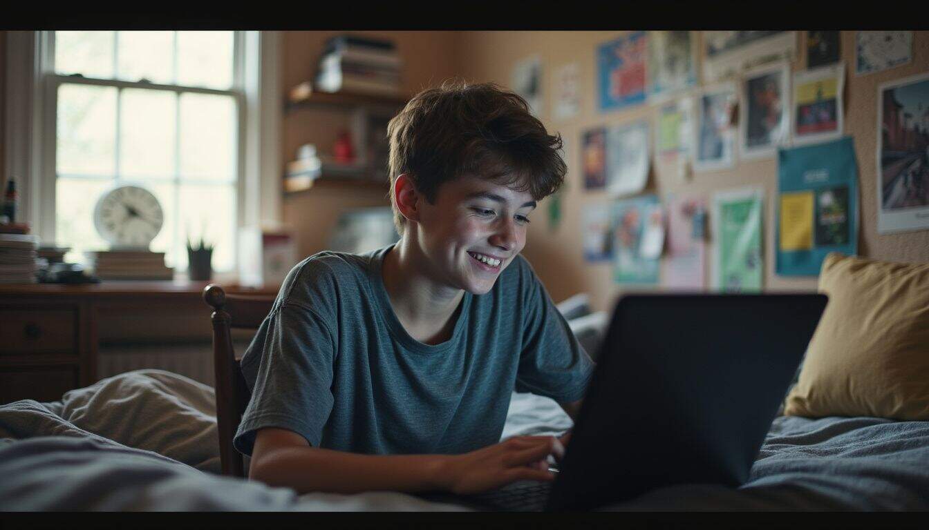 A teenage boy casually chats on Discord in his cluttered bedroom filled with posters and everyday items. Smiling teenage boy using a laptop in a cozy bedroom with posters on the wall, exploring gadgets, gaming, or online technology trends. Engaged in digital entertainment and tech innovations at home.