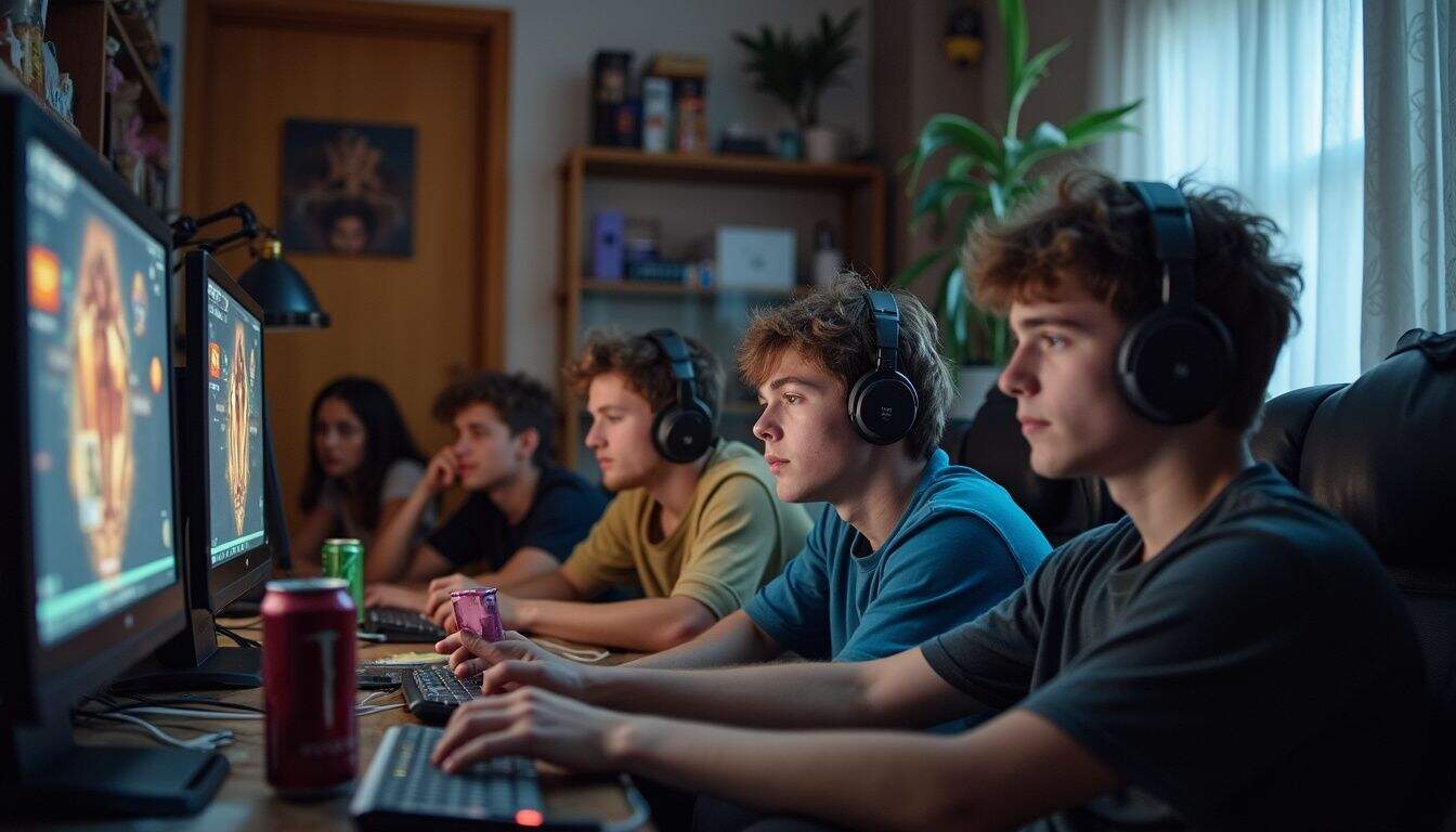 A group of young gamers relax together in a cluttered room, surrounded by gaming gear and empty energy drink cans. Young people gaming together at a computer, playing online video games in a cozy room with gaming equipment and ambient lighting.