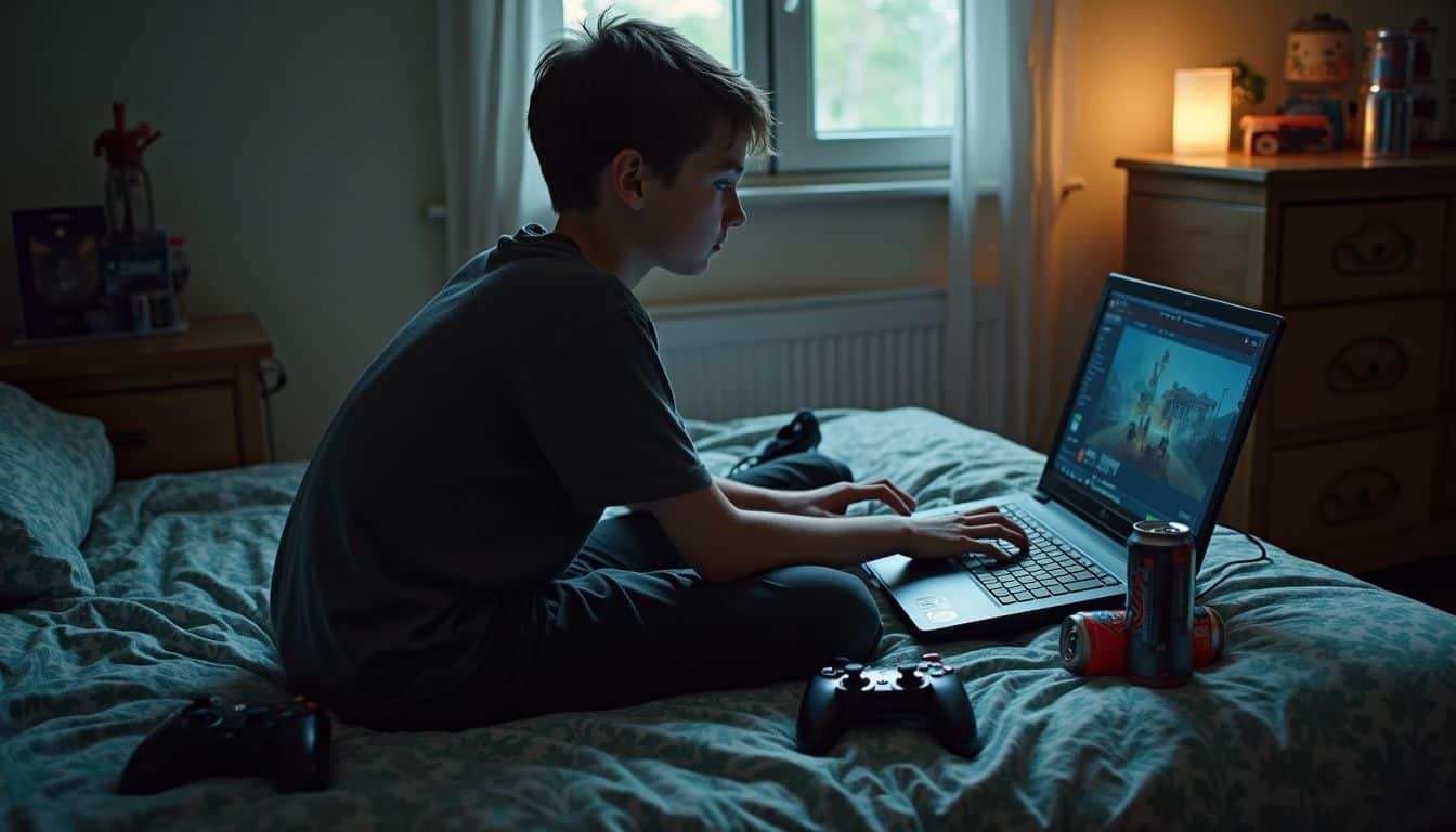 A teenage boy sits on a messy bed, engrossed in a multiplayer online game on his laptop. Teen boy gaming on a laptop in a cozy bedroom, surrounded by gaming controllers and soda cans, with a focus on online gaming, streaming, and modern gaming setups for tech enthusiasts.