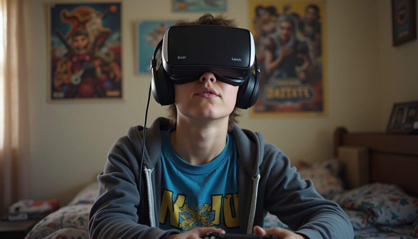 A teenage boy intensely plays a VR game, surrounded by gaming posters and accessories in a casual room. Virtual reality headset user gaming experience with a young person in a bedroom, immersive VR gaming, modern technology for gaming entertainment, geek culture, VR headset popularity.