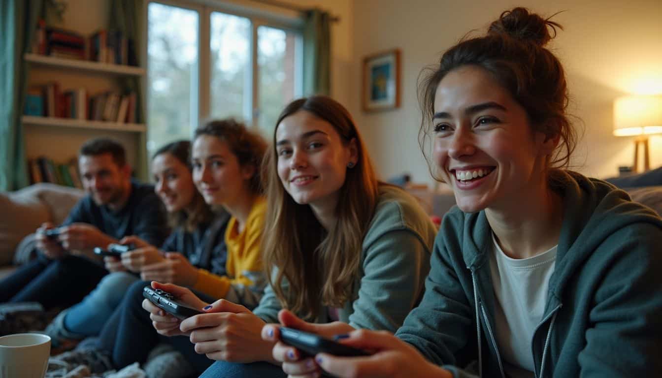 A diverse group of people of different ages enjoys a casual gaming session in a cozy, lived-in room. Enjoying a gaming night with friends, playing video games together in a cozy living room, highlighting social gaming and entertainment.