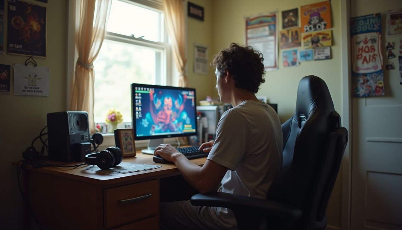 A cozy, lived-in bedroom with gaming gear, posters, and a person casually distracted at the desk. High-performance gaming setup with a computer monitor displaying colorful game graphics, surrounded by gaming peripherals, a gaming chair, and vibrant posters on the wall for an optimal gaming environment.