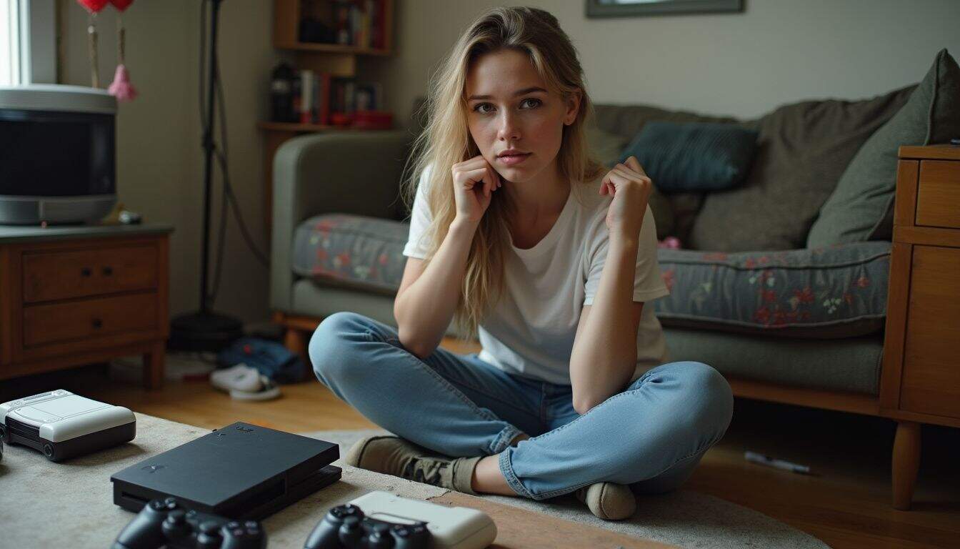 A young woman in comfortable clothes sits casually amid scattered game consoles and everyday clutter, expressing a relaxed uncertainty. Young woman sitting on the floor with gaming consoles and a game controller in a cozy living room, looking focused and determined.