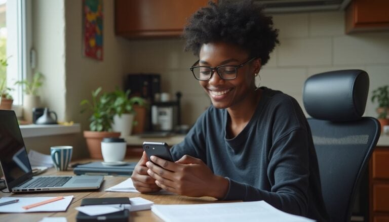 Bright woman working on smartphone at home office with laptop, coffee mug, and documents, focusing on technology, remote work, and productivity.