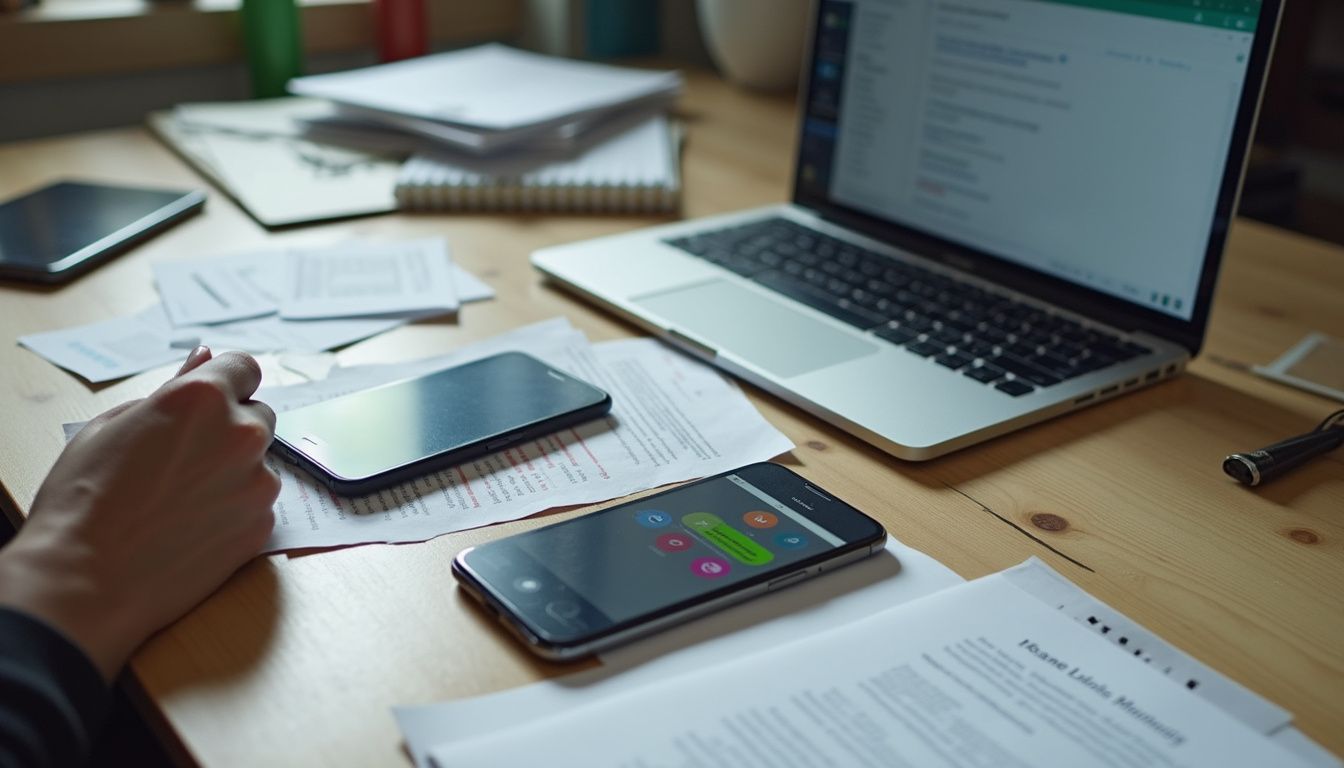 A casual, cluttered desk displays two smartphones with messaging apps and an open laptop showing an email draft. Laptop with open email inbox and smartphones on a wooden desk, surrounded by papers and notebooks.