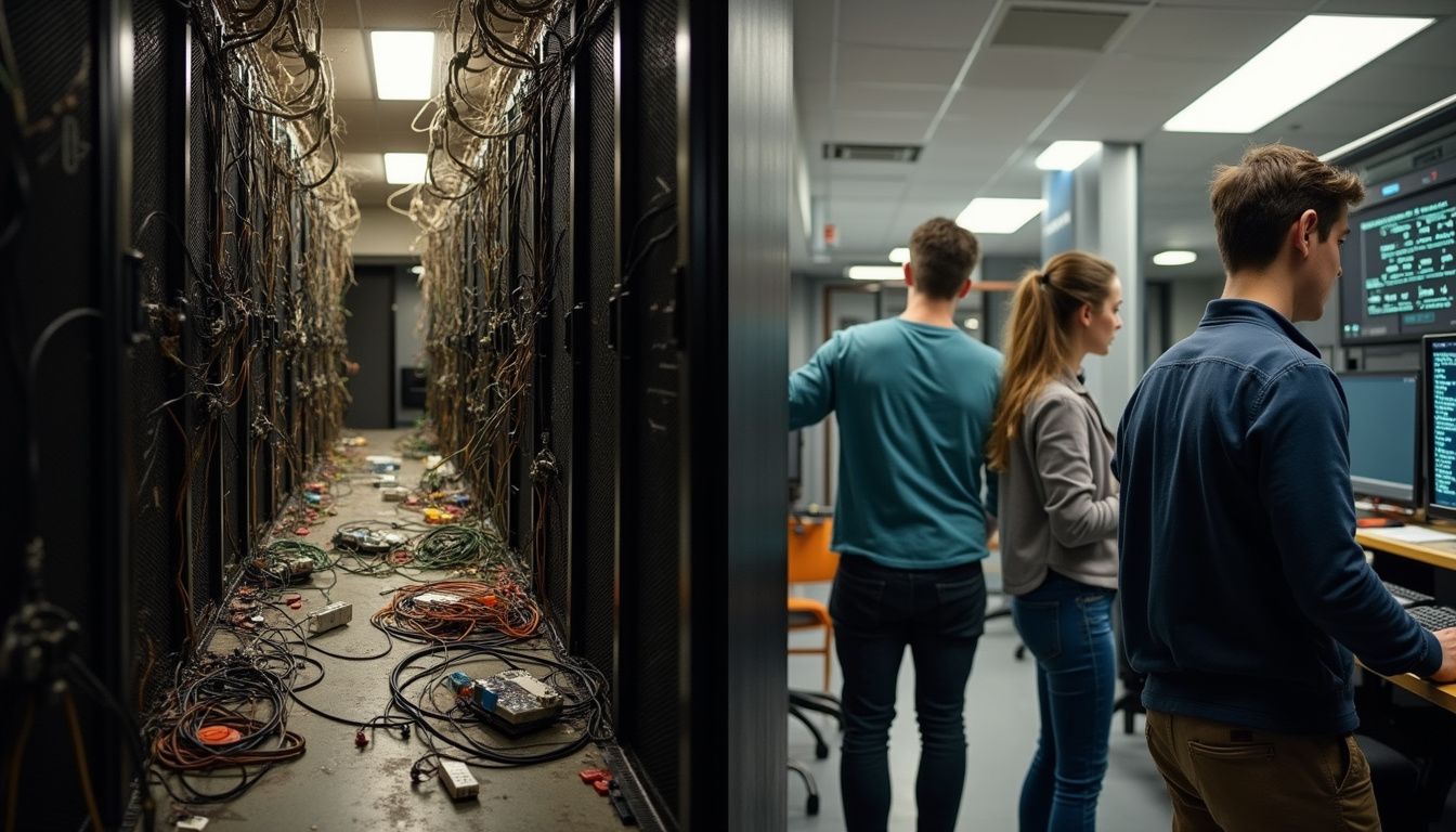 The image contrasts a messy server room with a more organized yet lived-in space, showcasing everyday work life. Unorganized server room with tangled cables and hardware, and three tech professionals working on computers in a modern data center environment.