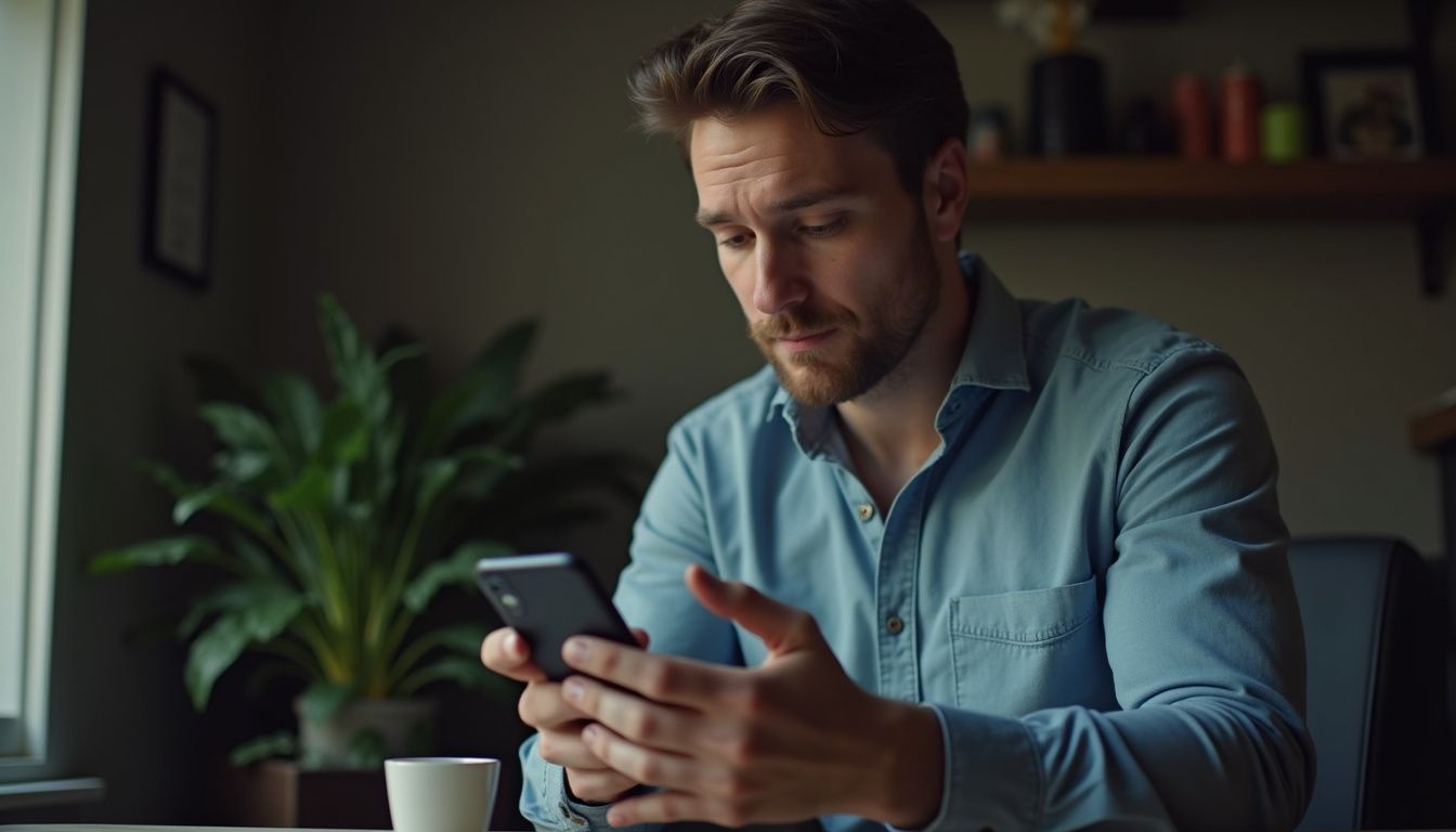 A man in his 30s unlocks a digital padlock on his phone in a cluttered, everyday setting. Young man using smartphone in a modern home setting with a houseplant and natural light.