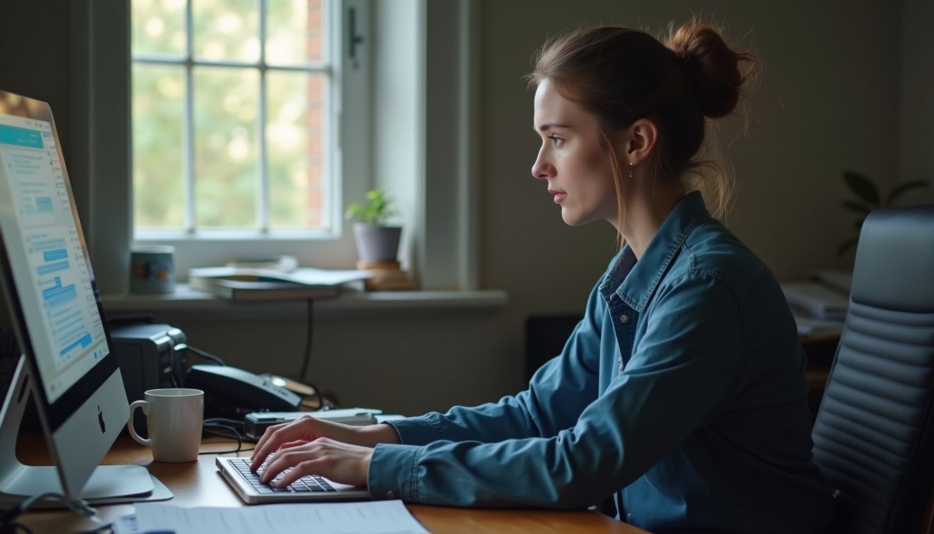A woman in her mid-30s is casually working at her cluttered office desk, engaging in a conversation on her computer. Focused woman working on computer at home office, modern workspace, productivity, remote work, technology, home office setup, professional, indoors.