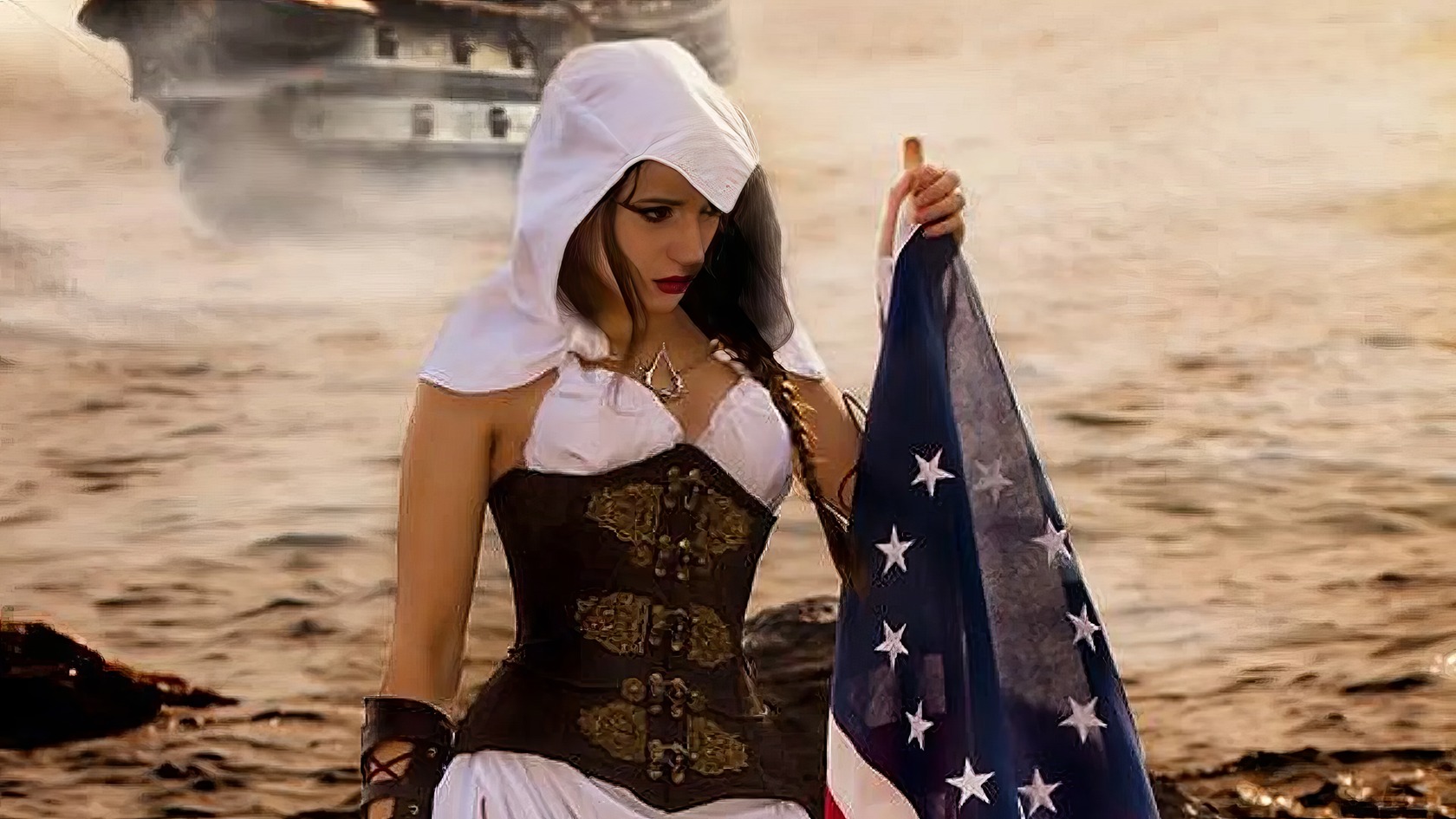 Assassin's Creed Hot Cosplay: 20+ Character Costumes & DIY Tips 20 A woman dressed as a pirate holding an American flag on a beach during sunset.