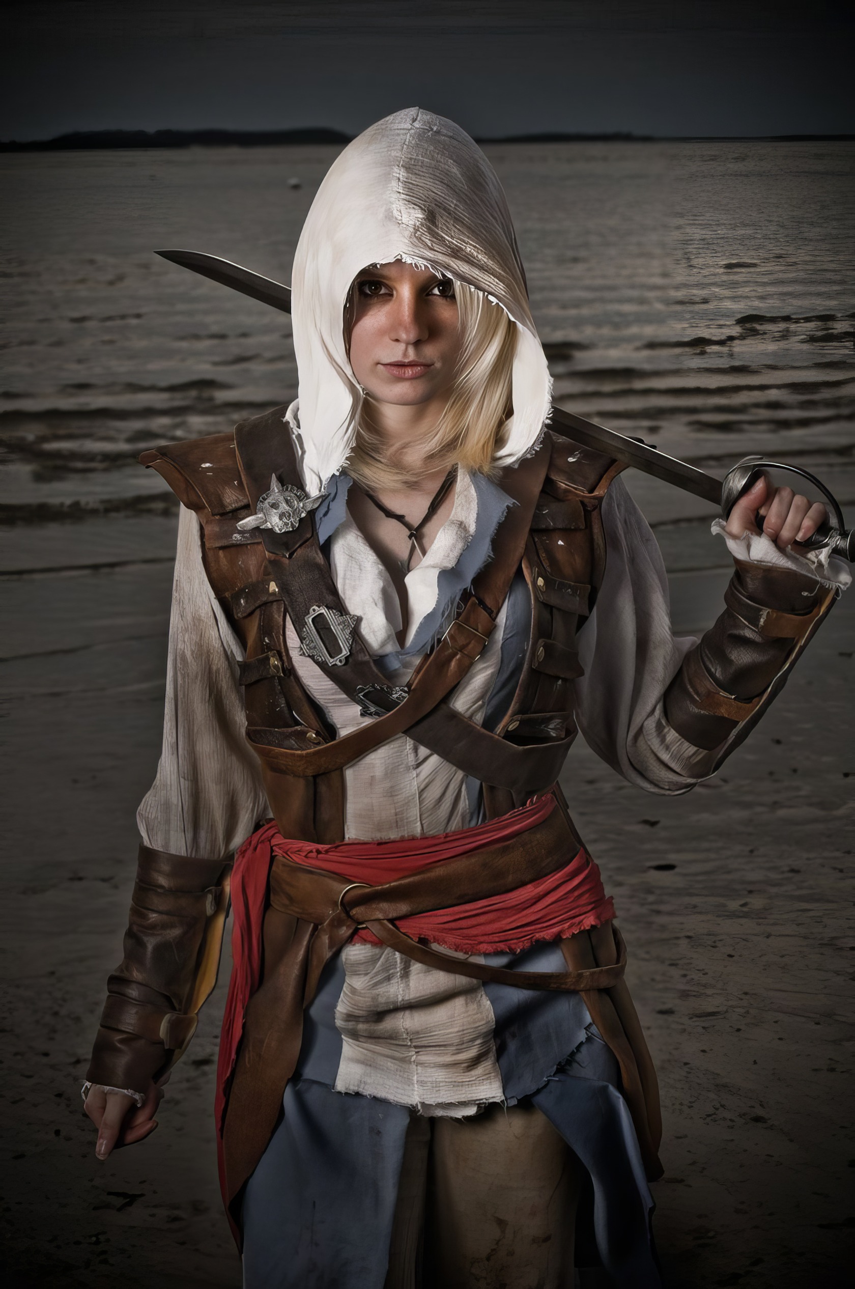 Assassin's Creed Hot Cosplay: 20+ Character Costumes & DIY Tips 7 Very detailed cosplay of a female pirate with a sword on a beach, realistic costume, dramatic lighting, fantasy character, outdoor scene, high-resolution photograph, inspired by popular video game characters.