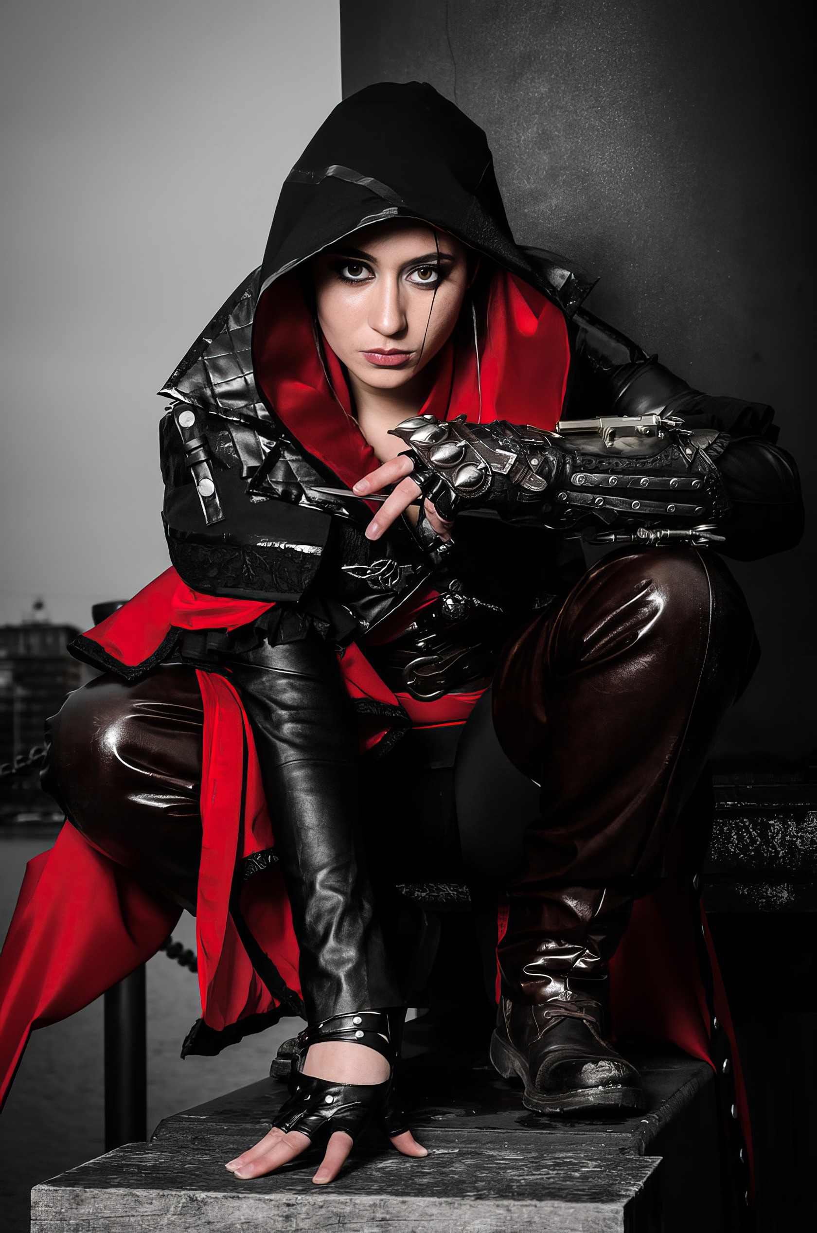 Assassin's Creed Hot Cosplay: 20+ Character Costumes & DIY Tips 15 Futuristic warrior woman in black and red costume with robotic gloves, crouching on a wooden surface, emphasizing sci-fi cosplay and cyberpunk aesthetic for geek culture enthusiasts.
