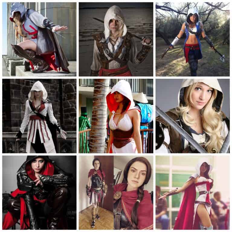Cosplayer dressed as assassin character in medieval-inspired costume with hood and weapons at convention.