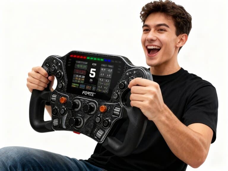 High-performance racing steering wheel with digital display and customizable controls for professional sim racers and motorsport enthusiasts.