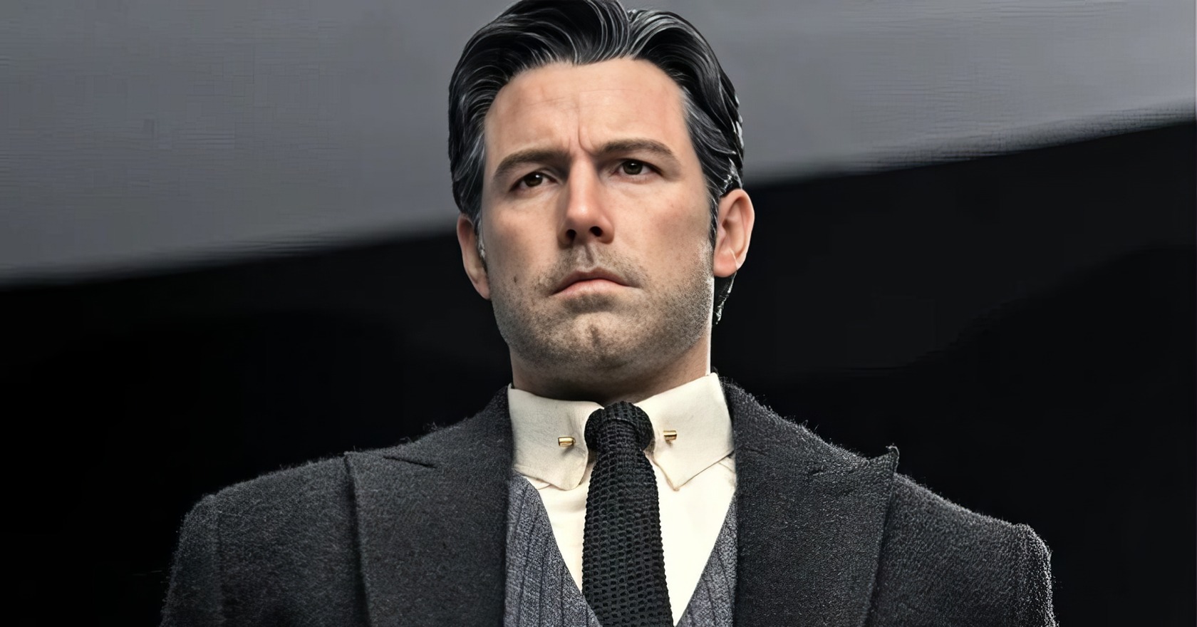 Gotham City crime boss, stylish man in a suit, black tie, and white shirt, serious expression, dark urban background.