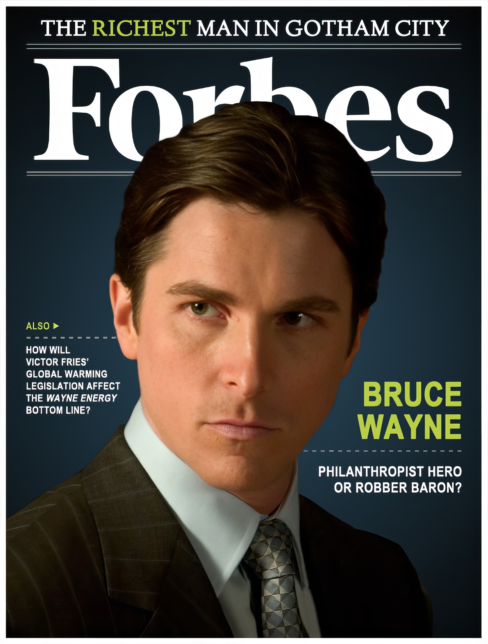 Bruce Wayne as the wealthy man in Gotham City on Forbes magazine cover, emphasizing philanthropy vs. criminality theme for SEO relevance.