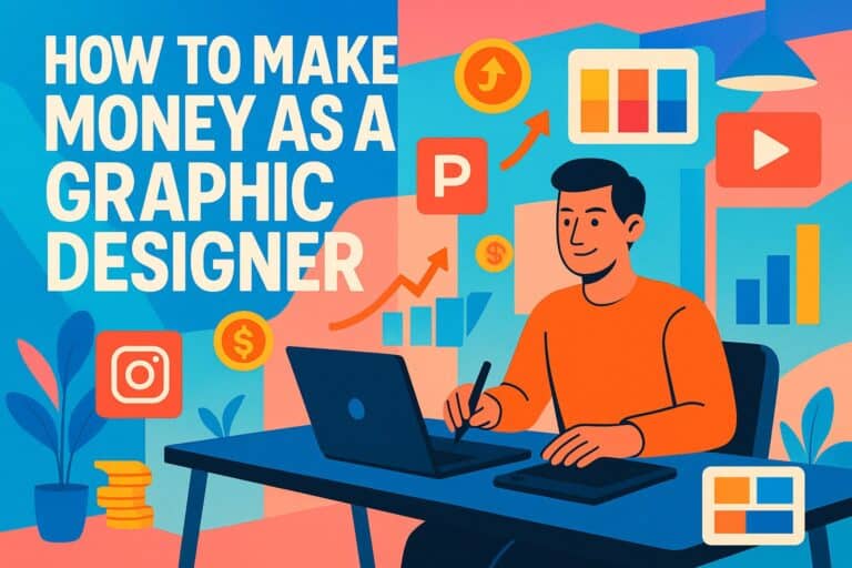 E6V2YWD4F7W3Q0X9S6T9, graphic illustration of a digital marketer working on a laptop with social media, financial, and growth icons, emphasizing earning money as a graphic designer, SEO-optimized for graphic design and online income.