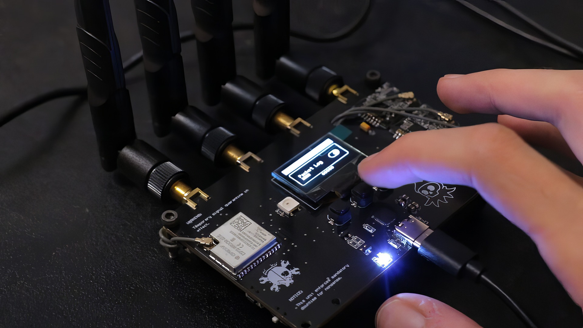 RF-Clown V2: 10 Big Upgrades for Smarter RF Hacking 4 High-tech electronic circuit board with multiple connected antennas and a color display used for advanced communication or wireless technology applications.