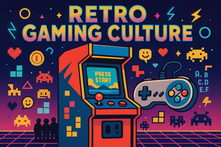 Colorful pixel art of a vintage arcade machine with "Pass Start" on the screen, surrounded by classic 8-bit game icons, hearts, smiley faces, and gaming symbols, emphasizing retro gaming culture and nostalgia.