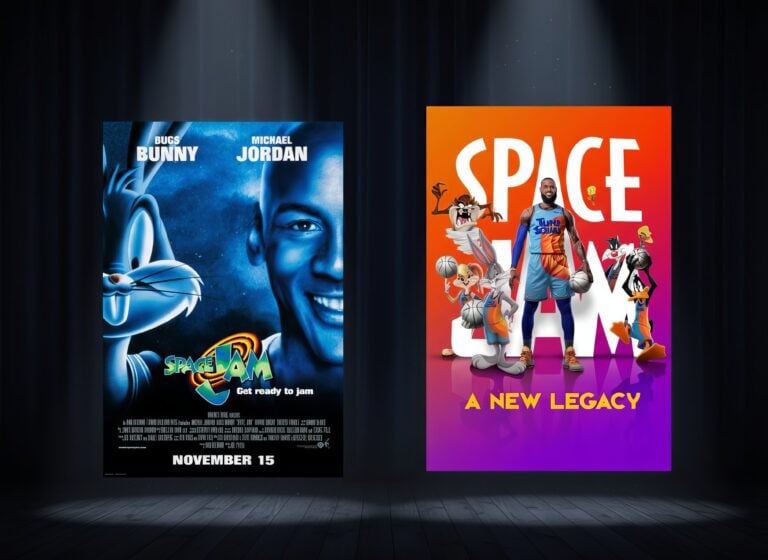 Colorful animated movie posters featuring Looney Tunes characters and a basketball player, advertising new space-themed films with vibrant backgrounds and dynamic character poses.