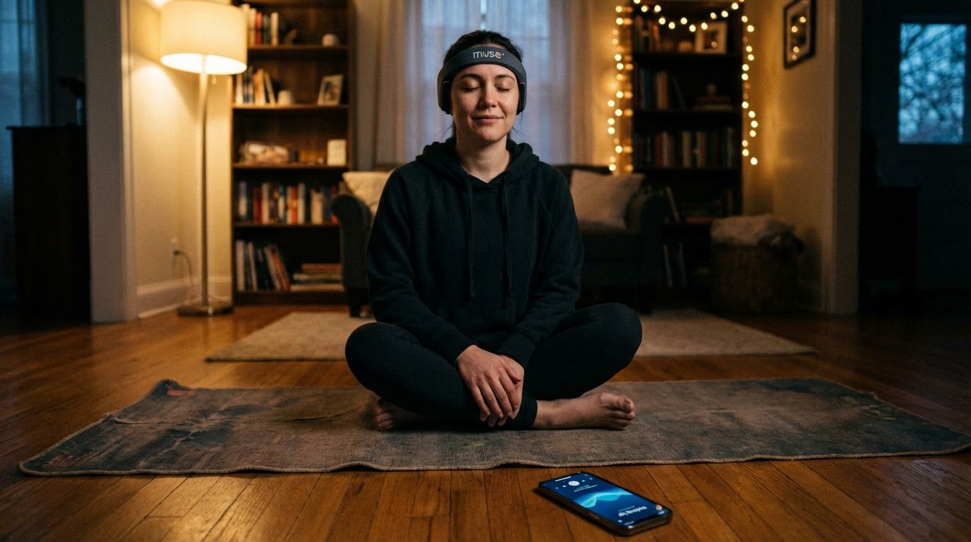 The subject meditating in a quiet room wearing a brain-sensing headband. The subject meditating in a quiet room wearing a brain-sensing headband.