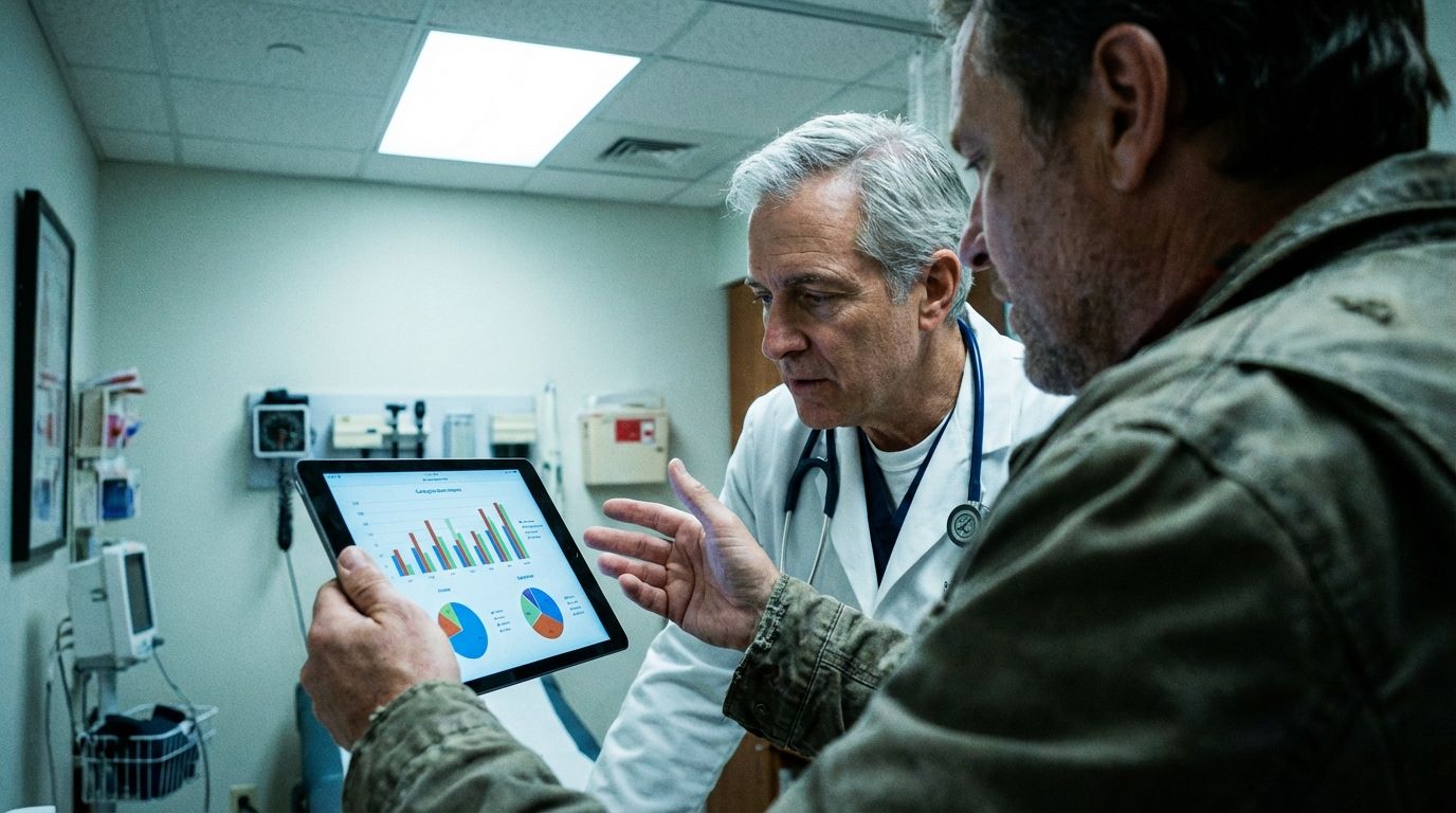 The subject showing health data on a tablet to a doctor in a medical office. The subject showing health data on a tablet to a doctor in a medical office.