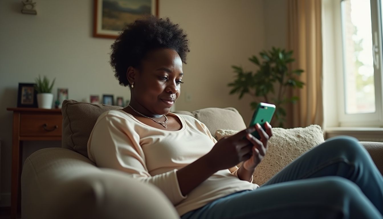 Young woman relaxing on sofa using smartphone at home, cozy living room, casual attire, happy lifestyle, modern interior design, natural lighting, digital technology, leisure activity.