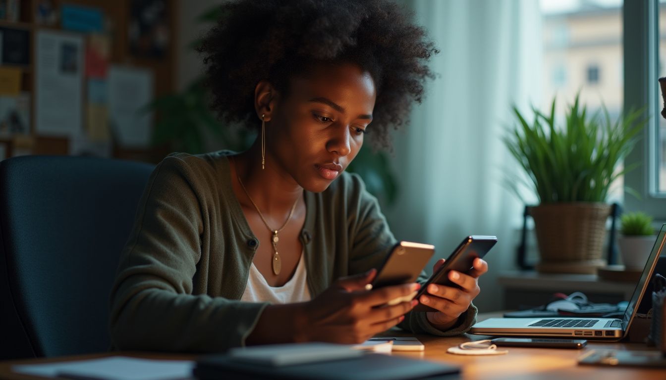 Focused woman using smartphones at her desk in a modern office environment.
