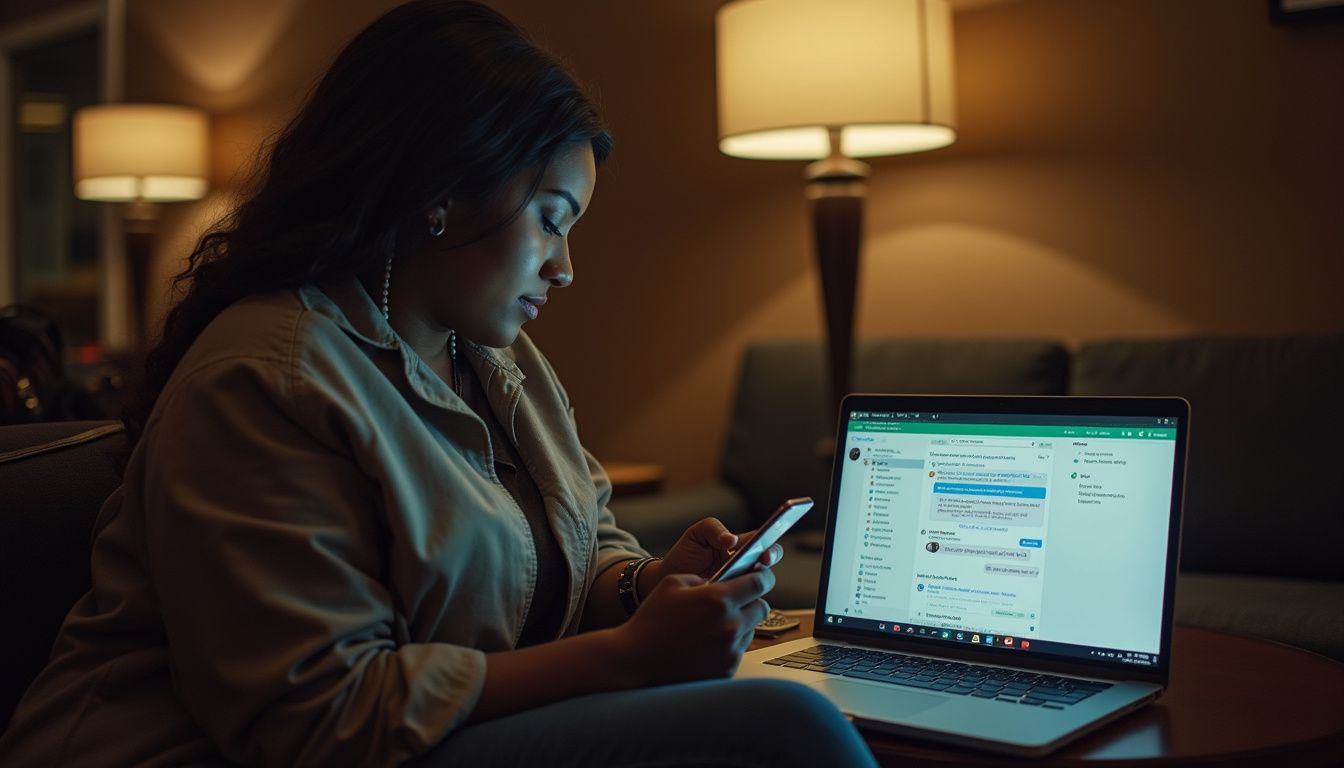 Stable desk setup with a woman using a smartphone and laptop in a cozy, warmly lit room. Suitable for remote work, online communication, and digital connectivity, emphasizing modern technology use.