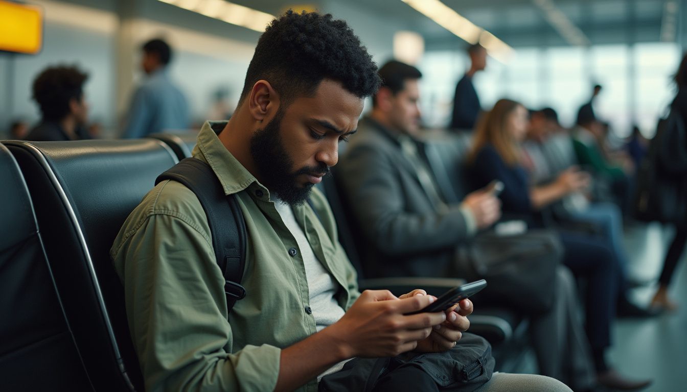 Young man using smartphone while waiting at airport terminal, busy traveler with backpack, modern travel, technology, connectivity, and leisure concepts.