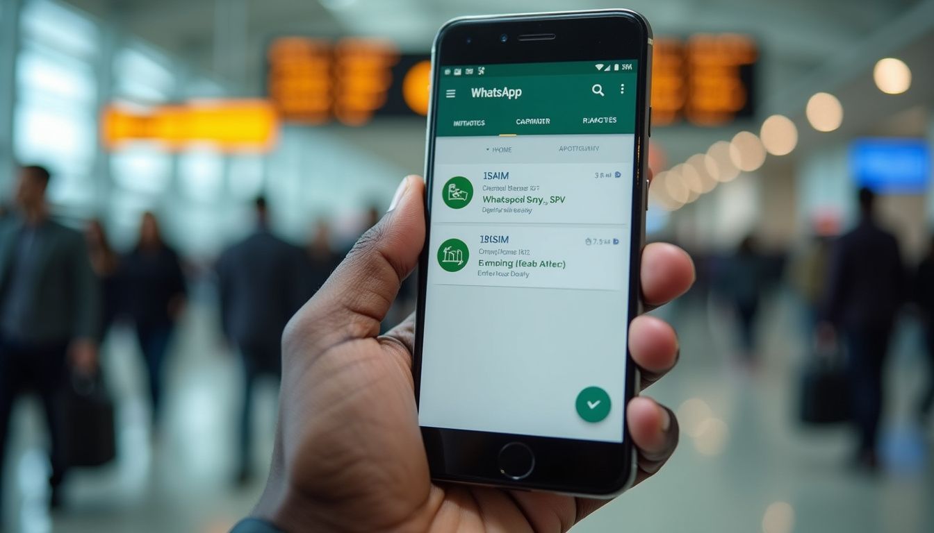 Hand holding a smartphone displaying WhatsApp messages in an airport terminal with blurred travelers in the background.