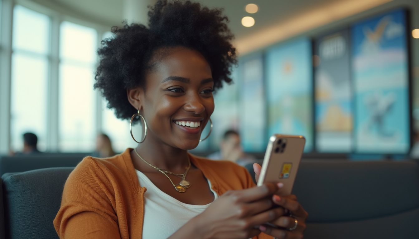 Smiling woman using smartphone at airport terminal with colorful display screens in background.
