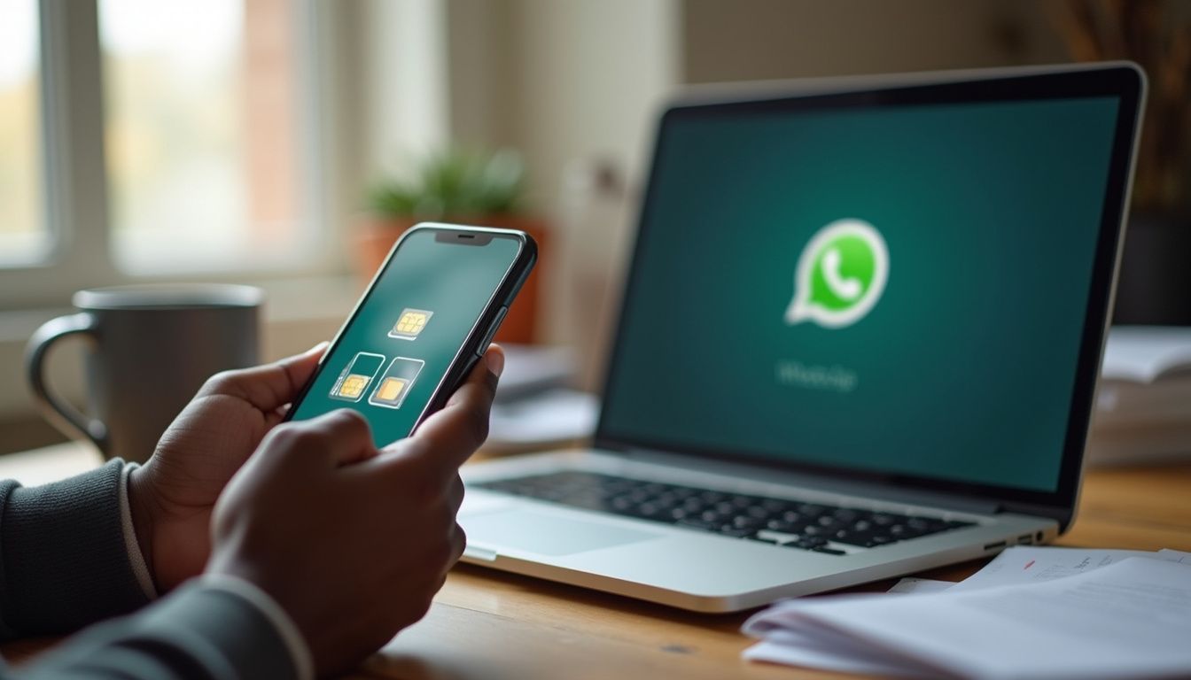 Remote control for WhatsApp messaging on smartphone beside laptop with WhatsApp logo on screen, workspace setup.