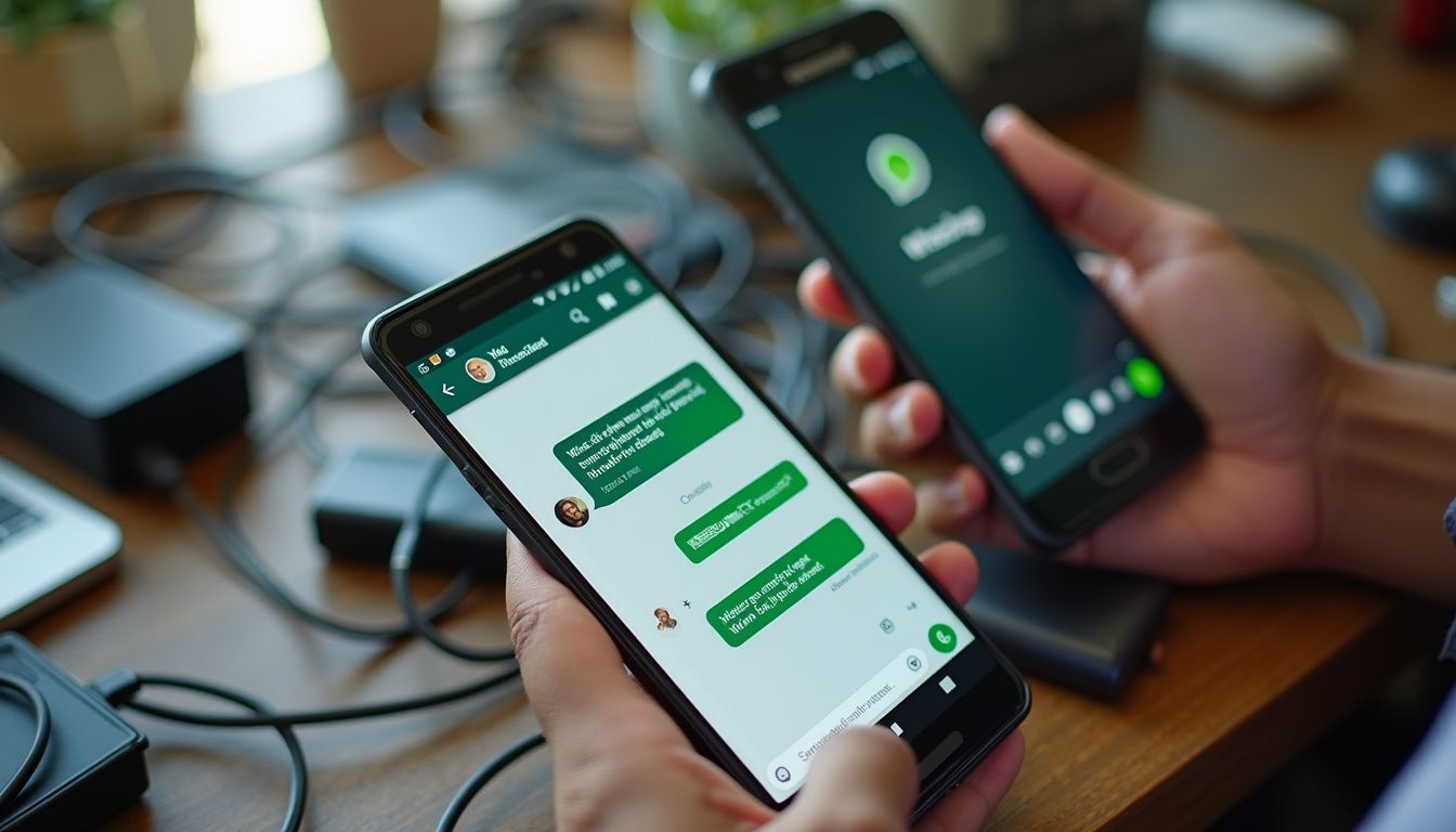 Syncs with WhatsApp messaging app on smartphone, tech gadgets, communication, mobile devices, modern technology, digital communication, connectivity, remote work, online messaging, wireless communication, tech accessories.